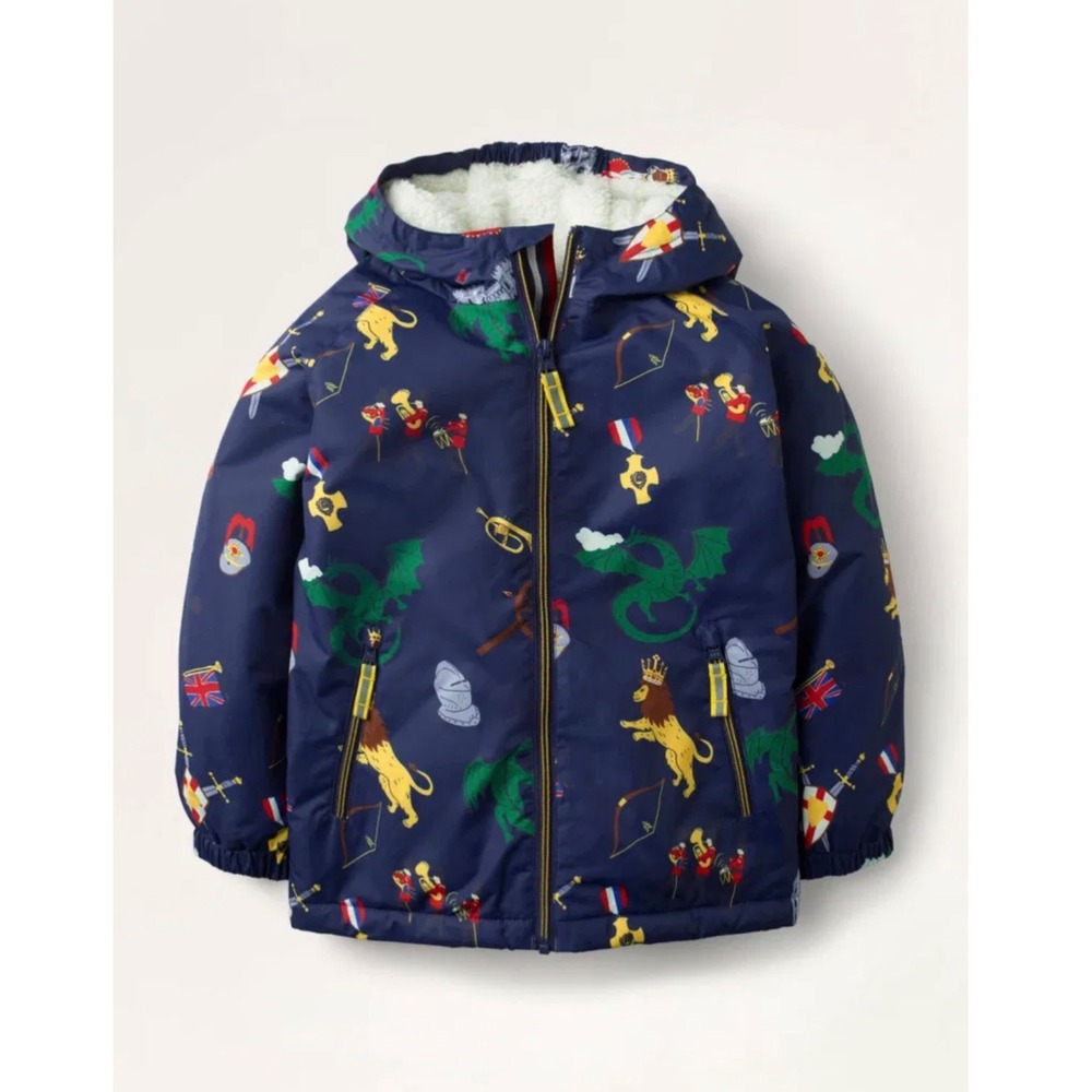 Mini Boden Kids Navy Cozy Sherpa Lined Anorak Medieval Dragon Lion Jacket 5-6Y